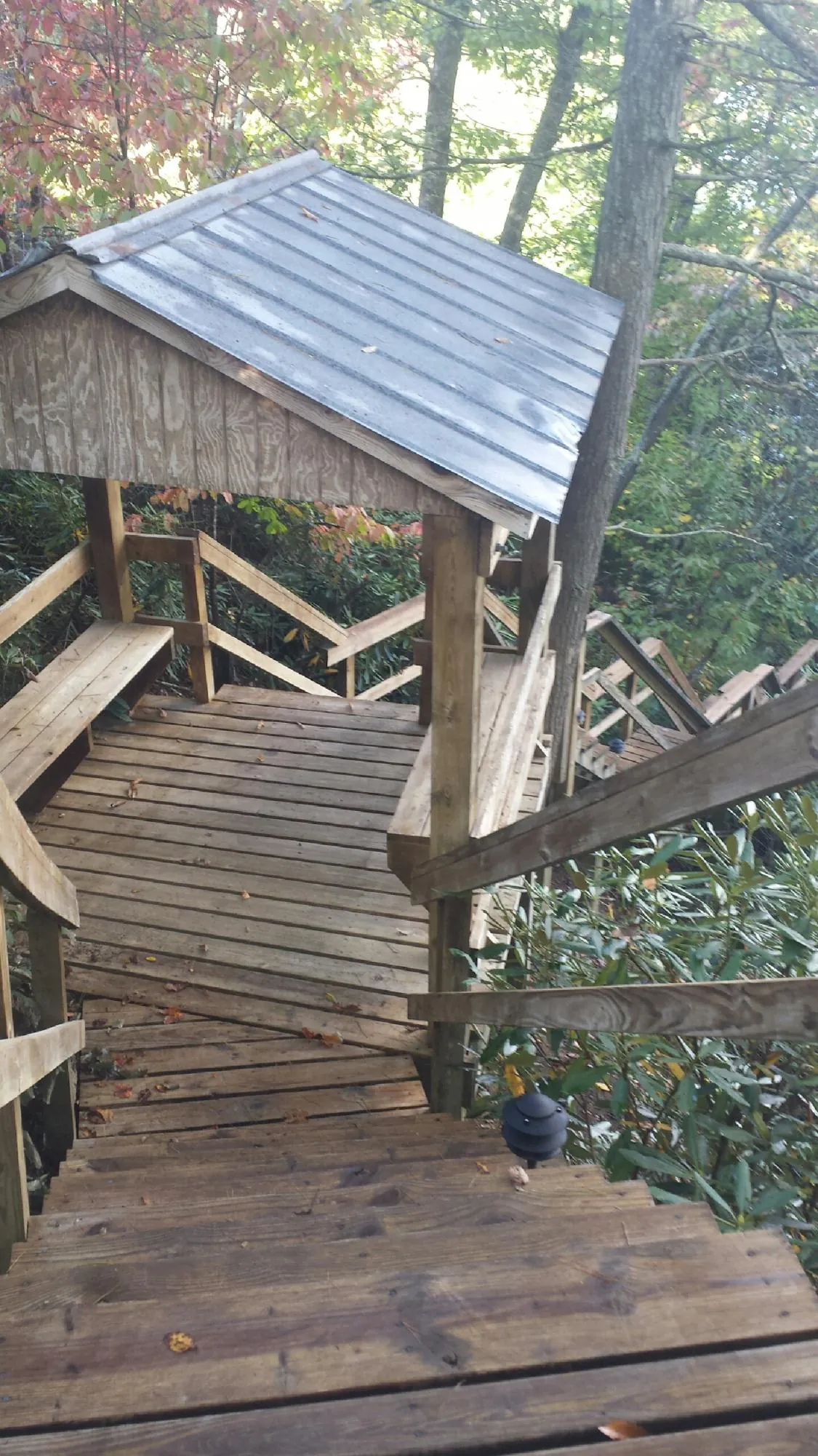 Metal roofed shelter over wooden steps on a wooded walkway — Skylight Repair & Installation work by our crew in La Plata